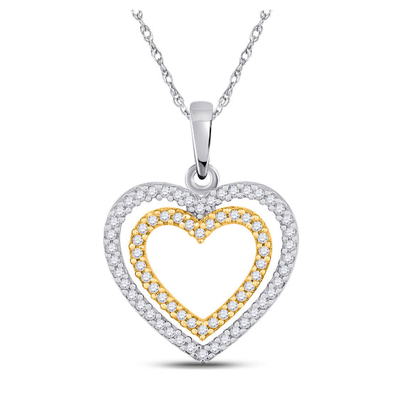 10k Two-tone Gold Womens Round Diamond Double Heart Pendant 1/4 Cttw
