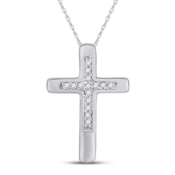 10k White Gold Womens Round Diamond Cross Pendant 1/20 Cttw