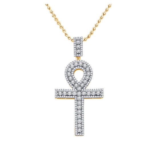 10k Yellow Gold Mens Round Diamond Ankh Cross Charm Pendant 1 Cttw