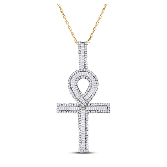10k Yellow Gold Mens Baguette Diamond Ankh Cross Charm Pendant 1-5/8 Cttw