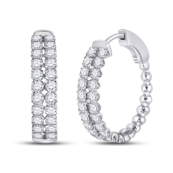14k White Gold Womens Round Diamond Double Row Hoop Earrings 2 Cttw