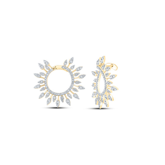 14k Yellow Gold Womens Round Diamond Sunburst Hoop Earrings 1 Cttw