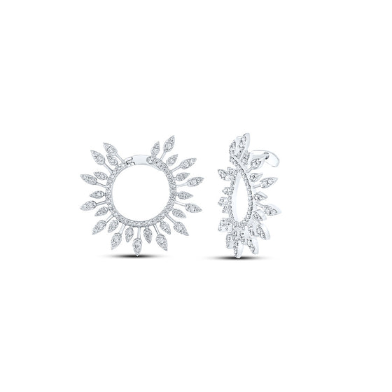14k White Gold Womens Round Diamond Sunburst Hoop Earrings 1 Cttw