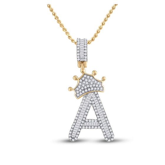 10k Yellow Gold Mens Baguette Diamond Crown A Letter Charm Pendant 7/8 Cttw
