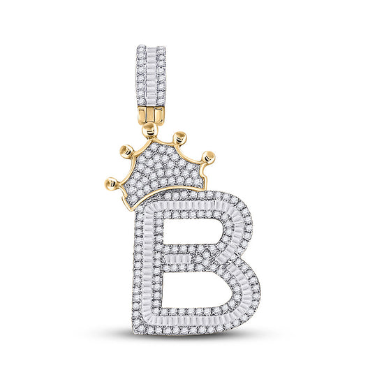 10k Yellow Gold Mens Baguette Diamond Crown B Letter Charm Pendant 1 Cttw