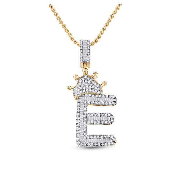 10k Yellow Gold Mens Baguette Diamond Crown E Letter Charm Pendant 3/4 Cttw