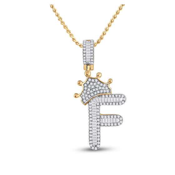 10k Yellow Gold Mens Baguette Diamond Crown F Letter Charm Pendant 5/8 Cttw