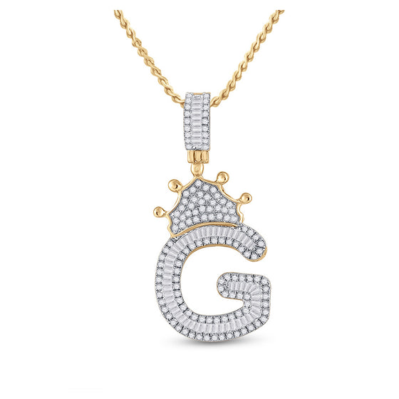10k Yellow Gold Mens Baguette Diamond Crown G Letter Charm Pendant 3/4 Cttw