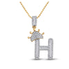 10k Yellow Gold Mens Baguette Diamond Crown H Letter Charm Pendant 5/8 Cttw