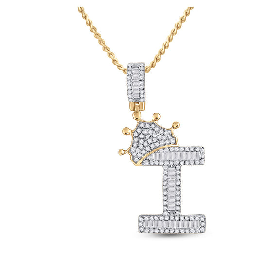 10k Yellow Gold Mens Baguette Diamond Crown I Letter Charm Pendant 5/8 Cttw