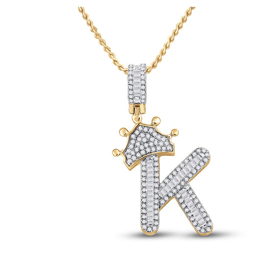 10k Yellow Gold Mens Baguette Diamond Crown K Letter Charm Pendant 5/8 Cttw