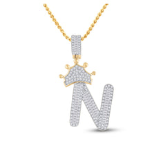  10k Yellow Gold Mens Baguette Diamond Crown N Letter Charm Pendant 3/4 Cttw