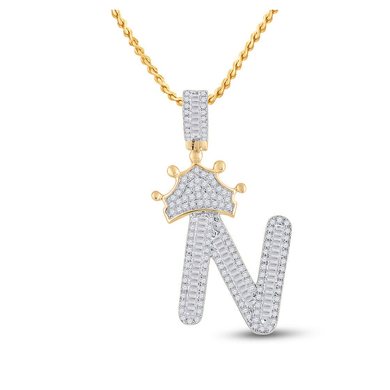 10k Yellow Gold Mens Baguette Diamond Crown N Letter Charm Pendant 3/4 Cttw
