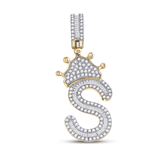 10k Yellow Gold Mens Baguette Diamond Crown S Letter Charm Pendant 3/4 Cttw