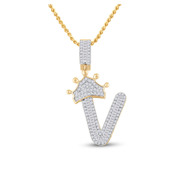 10k Yellow Gold Mens Baguette Diamond Crown V Letter Charm Pendant 5/8 Cttw