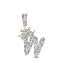  10k Yellow Gold Mens Baguette Diamond Crown W Letter Charm Pendant 7/8 Cttw