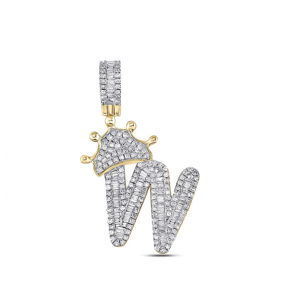 10k Yellow Gold Mens Baguette Diamond Crown W Letter Charm Pendant 7/8 Cttw