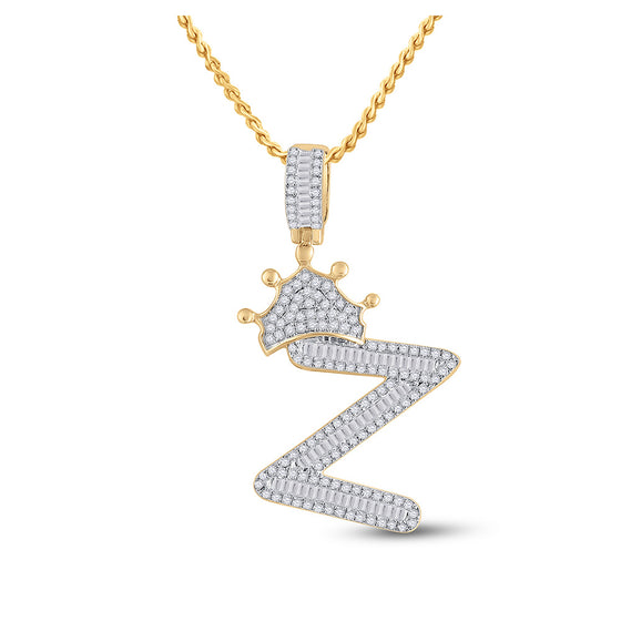 10k Yellow Gold Mens Baguette Diamond Crown Z Letter Charm Pendant 3/4 Cttw