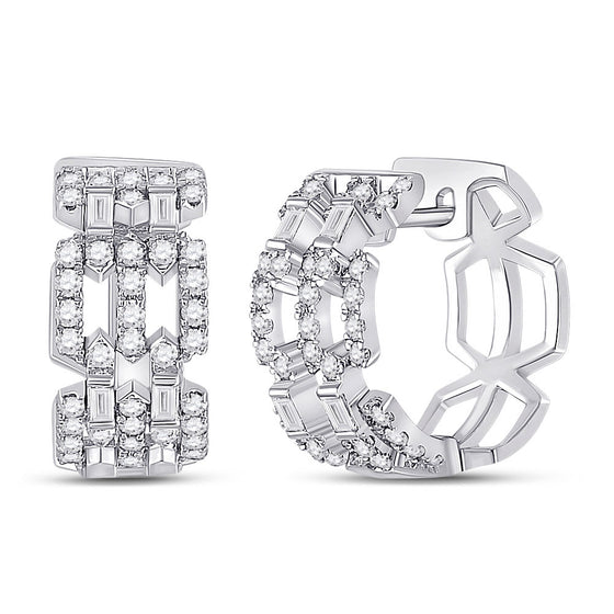 14k White Gold Womens Baguette Diamond Link Huggie Earrings 3/4 Cttw