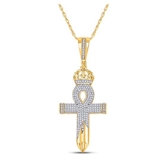 10k Yellow Gold Mens Round Diamond Ankh Nail Cross Charm Pendant 1/2 Cttw