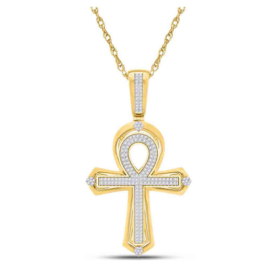 10k Yellow Gold Mens Round Diamond Ankh Cross Charm Pendant 3/8 Cttw