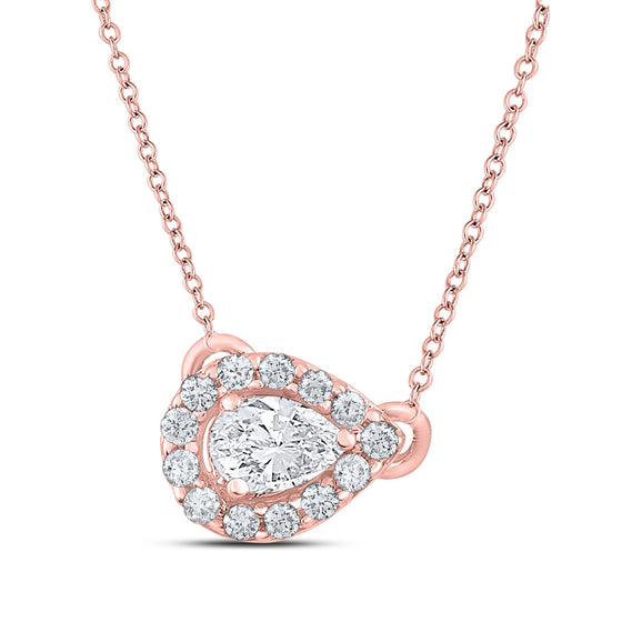 14k Rose Gold Womens Pear Diamond Solitaire Necklace 1/6 Cttw