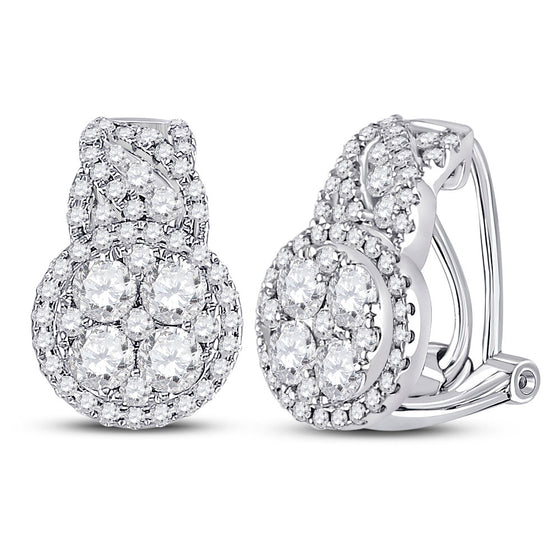 14k White Gold Womens Round Diamond French-clip Hoop Cluster Earrings 1-5/8 Cttw