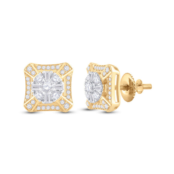 14k Yellow Gold Baguette Diamond Square Cluster Earrings 3/4 Cttw