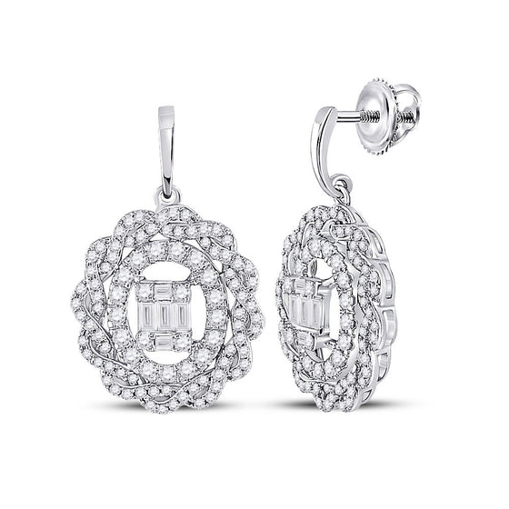 14k White Gold Womens Baguette Diamond Oval Dangle Earrings 1 Cttw