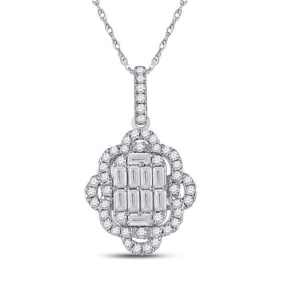 14k White Gold Womens Baguette Diamond Quatrefoil Cluster Pendant 5/8 Cttw