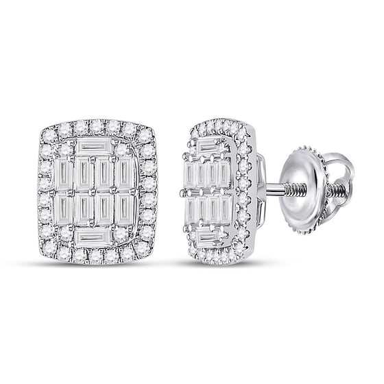 14k White Gold Womens Baguette Diamond Rectangle Cluster Earrings 1 Cttw