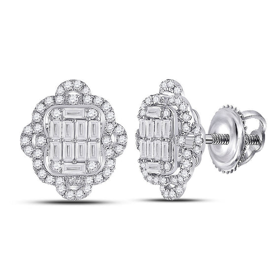 14k White Gold Womens Baguette Diamond Quatrefoil Cluster Earrings 1 Cttw