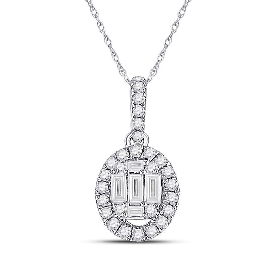 14k White Gold Womens Baguette Diamond Oval Pendant 1/3 Cttw