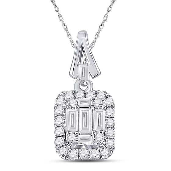14k White Gold Womens Baguette Diamond Square Cluster Pendant 1/4 Cttw