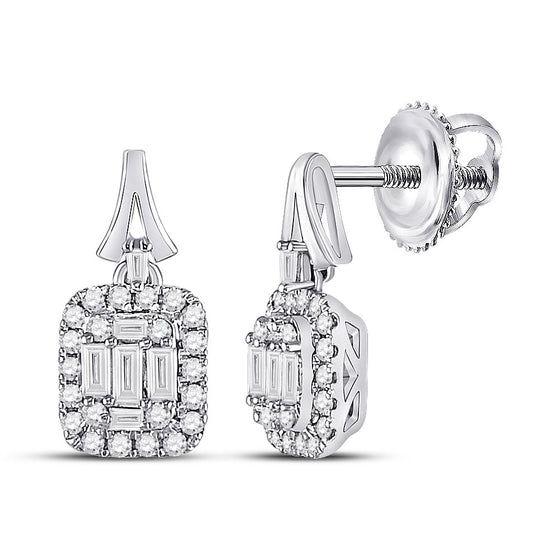 14k White Gold Womens Baguette Diamond Square Dangle Earrings 1/2 Cttw