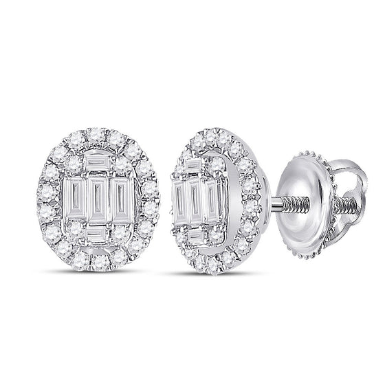 14k White Gold Womens Baguette Diamond Oval Earrings 3/8 Cttw