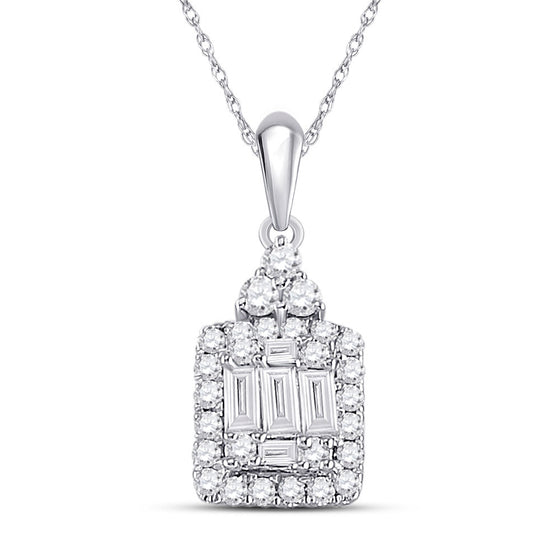 14k White Gold Womens Baguette Diamond Square Cluster Pendant 1/3 Cttw