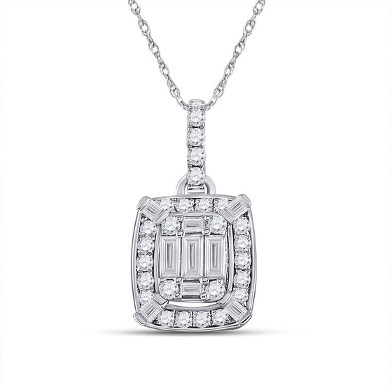 14k White Gold Womens Baguette Diamond Cluster Pendant 1/2 Cttw