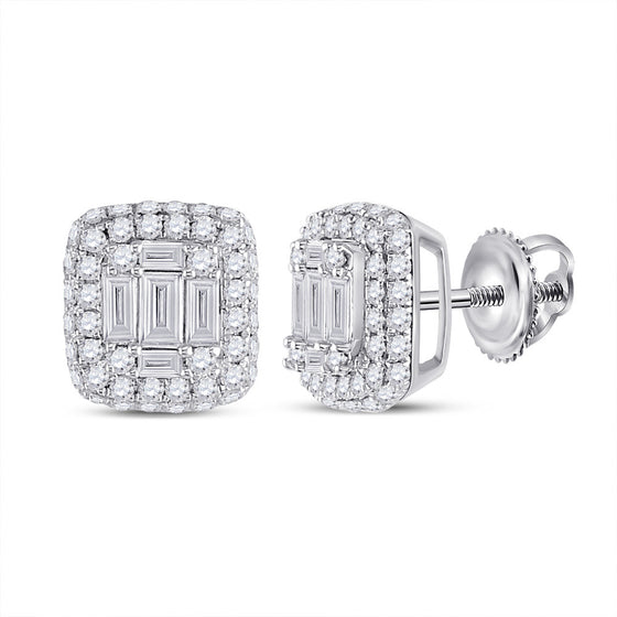 14k White Gold Womens Baguette Diamond Cluster Earrings 1 Cttw