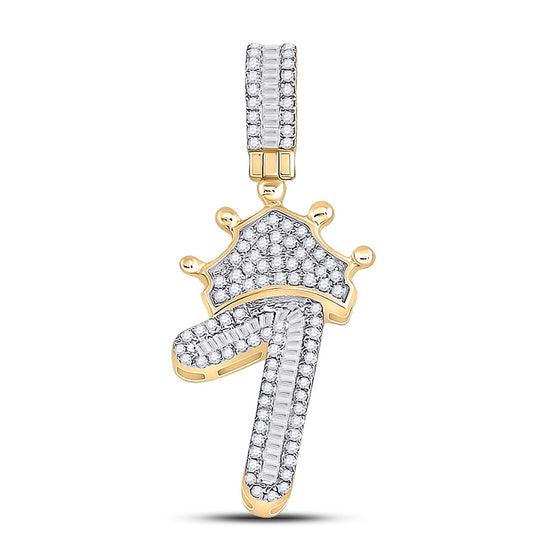 10k Yellow Gold Mens Baguette Diamond Number 1 Crown Charm Pendant 1/2 Cttw