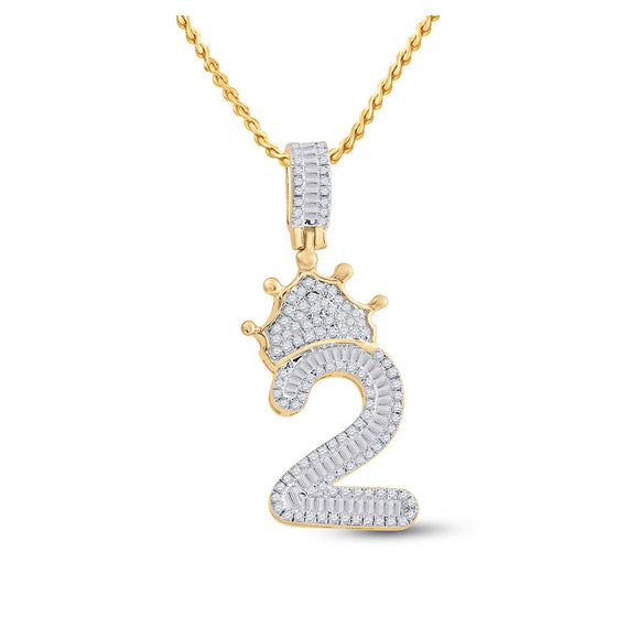 10k Yellow Gold Mens Baguette Diamond Number 2 Crown Charm Pendant 3/4 Cttw