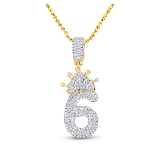10k Yellow Gold Mens Baguette Diamond Number 6 Crown Charm Pendant 3/4 Cttw