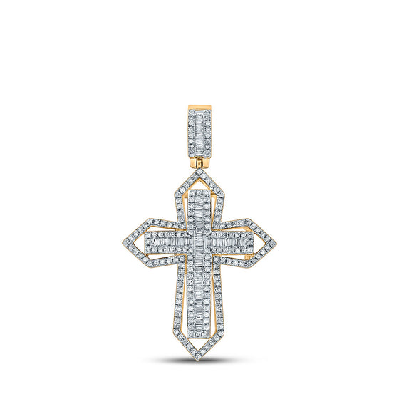 14k Yellow Gold Mens Baguette Diamond Cross Charm Pendant 7/8 Cttw
