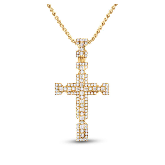 14k Yellow Gold Mens Baguette Diamond Cross Charm Pendant 1-3/8 Cttw