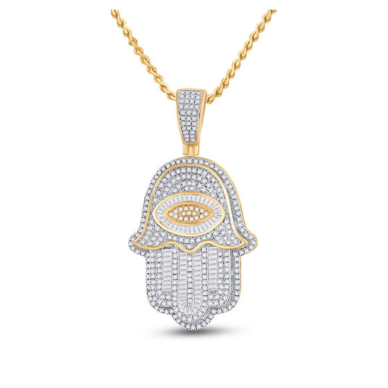 14k Yellow Gold Mens Baguette Diamond Eye Fatima Hamsa Charm Pendant 1-1/2 Cttw