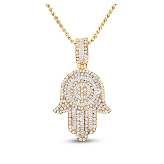 14k Yellow Gold Mens Baguette Diamond Hamsa Hand Charm Pendant 3 Cttw