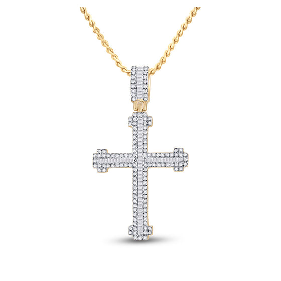 14k Yellow Gold Mens Round Diamond Cross Charm Pendant 7/8 Cttw