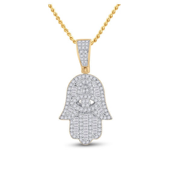 14k Yellow Gold Mens Baguette Diamond Hamsa Hand Charm Pendant 1/2 Cttw