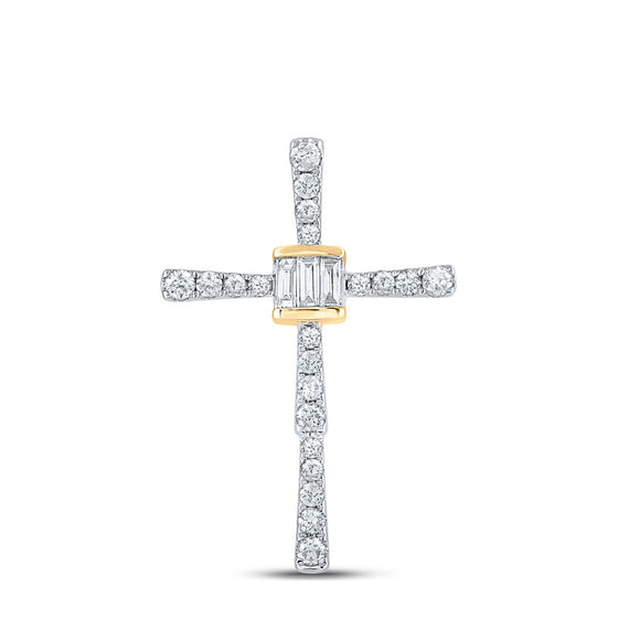 14k Yellow Gold Womens Baguette Round Diamond Cross Pendant 5/8 Cttw