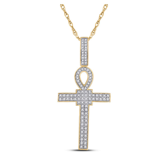 10k Yellow Gold Mens Round Diamond Ankh Cross Charm Pendant 3/8 Cttw